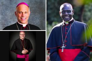 Clockwise from top left: Archbishop Salvatore Cordileone of San Francisco, Cardinal Robert Sarah and Auxiliary Bishop Robert Barron of Los Angeles are among those presiding over graduation Masses and giving addresses this commencement season. Clockwise from top left: Archbishop Salvatore Cordileone of San Francisco, Cardinal Robert Sarah and Auxiliary Bishop Robert Barron of Los Angeles are among those presiding over graduation Masses and giving addresses this commencement season.