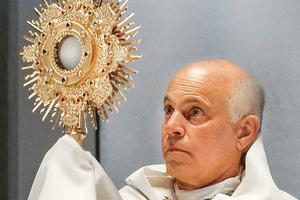 San Francisco Archbishop Salvatore Cordileone holds the monstrance containing the Blessed Sacrament in 2021. San Francisco Archbishop Salvatore Cordileone holds the monstrance containing the Blessed Sacrament in 2021.