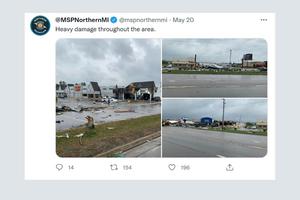 A tornado with winds of 150 mph struck the Michigan town May 20. The Michigan State Police tweeted about the damage. A tornado with winds of 150 mph struck the Michigan town May 20. The Michigan State Police tweeted about the damage.
