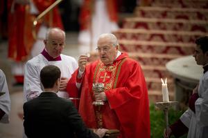 Cardinal Angelo Sodano distributes Communion during the Mass for the election of a new pope, in St. Peter's Basilica on March 12, 2013, before entering the Sistine Chapel for the papal conclave. Cardinal Angelo Sodano distributes Communion during the Mass for the election of a new pope, in St. Peter's Basilica on March 12, 2013, before entering the Sistine Chapel for the papal conclave.