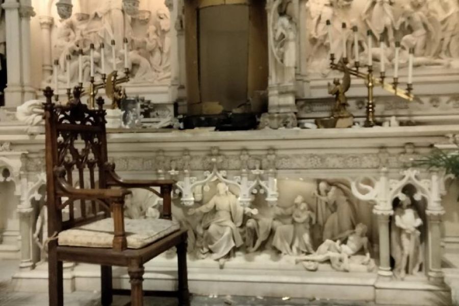 The damaged altar of St. Augustine Catholic Church is seen in Brooklyn. The damaged altar of St. Augustine Catholic Church is seen in Brooklyn.