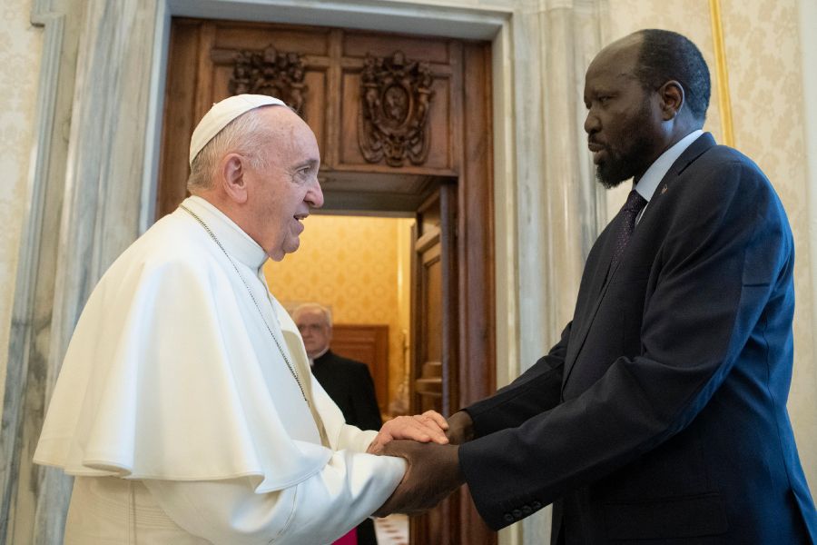 Pope Francis greets South Sudan’s President Salva Kiir at the Vatican on March 16, 2019. Pope Francis greets South Sudan’s President Salva Kiir at the Vatican on March 16, 2019.