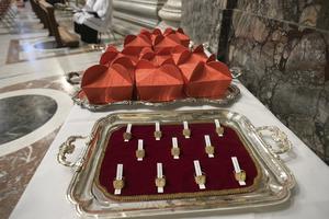 Birettas and rings for new cardinals are displayed in St. Peter's Basilica on Nov. 28, 2020. Birettas and rings for new cardinals are displayed in St. Peter's Basilica on Nov. 28, 2020.