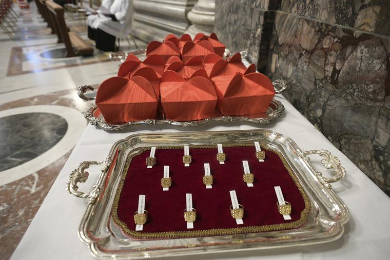 Birettas and rings for new cardinals are displayed in St. Peter's Basilica on Nov. 28, 2020. Birettas and rings for new cardinals are displayed in St. Peter's Basilica on Nov. 28, 2020.