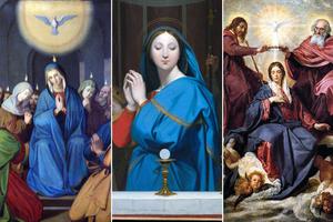 Fidelis Schabet, “Pentecost;” Jean Auguste Dominique Ingres, “The Virgin Adoring the Host,” 1852; Diego Velázquez, “Coronation of the Virgin,” ca. 1635. Fidelis Schabet, “Pentecost;” Jean Auguste Dominique Ingres, “The Virgin Adoring the Host,” 1852; Diego Velázquez, “Coronation of the Virgin,” ca. 1635.