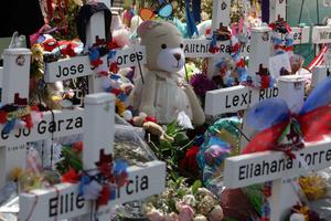 Wooden crosses are placed at a memorial at Robb Elementary School June 1, 2022 in Uvalde, Texas. 19 students and two teachers were killed on May 24 after an 18-year-old gunman opened fire inside the school. Wakes and funerals for the 21 victims are scheduled throughout the week. Wooden crosses are placed at a memorial at Robb Elementary School June 1, 2022 in Uvalde, Texas. 19 students and two teachers were killed on May 24 after an 18-year-old gunman opened fire inside the school. Wakes and funerals for the 21 victims are scheduled throughout the week.