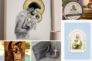A variety of gifts feature St. Joseph, St. Michael, rosary pouches and beard balm. A variety of gifts feature St. Joseph, St. Michael, rosary pouches and beard balm.