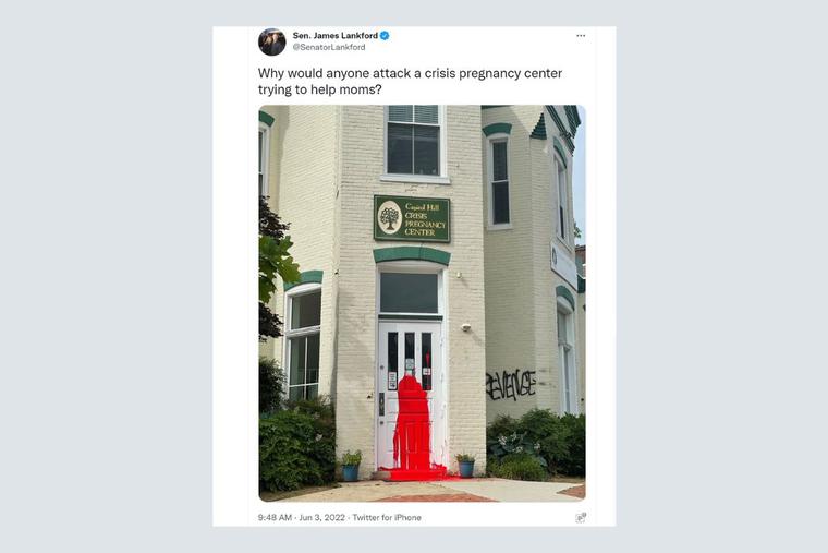 Vandalism to Capitol Hill Pregnancy Center’s is shown in this tweet from Sen. James Lankford, R-Okla. Vandalism to Capitol Hill Pregnancy Center’s is shown in this tweet from Sen. James Lankford, R-Okla.