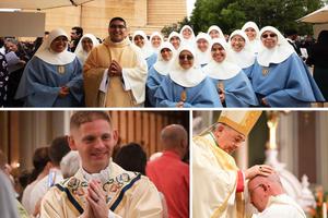 Clockwise from top: Father Daniel Lopez of the Archdiocese of Los Angeles, shown smiling with some of the Trinitarians of Mary, was ordained on June 4. Father Jerome Kleponis was ordained June 4 by Bishop Ronald Gainer at St. Patrick Cathedral in Harrisburg, Pennsylvania. All smiles, Father Joseph Menkhaus was ordained May 21 for the Diocese of Cleveland. Clockwise from top: Father Daniel Lopez of the Archdiocese of Los Angeles, shown smiling with some of the Trinitarians of Mary, was ordained on June 4. Father Jerome Kleponis was ordained June 4 by Bishop Ronald Gainer at St. Patrick Cathedral in Harrisburg, Pennsylvania. All smiles, Father Joseph Menkhaus was ordained May 21 for the Diocese of Cleveland.