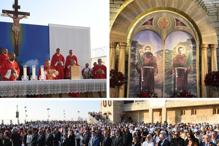 Clockwise from left: In Lebanon, Cardinal Marcello Semeraro, president of the Congregation for the Causes of Saints, celebrates the beatification Mass June 4 for Lebanese Capuchin Fathers Leonard Melki and Thomas Saleh, who were martyred in Turkey under the Ottoman Empire, in 1915 and 1917 respectively. Images of Lebanese Capuchin Fathers Melki (left) and Saleh (right) are shown in St. Anthony of Padua Church in their birthplace, Baabdat, Lebanon. Thousands gathered for the June 4 beatification Mass. Clockwise from left: In Lebanon, Cardinal Marcello Semeraro, president of the Congregation for the Causes of Saints, celebrates the beatification Mass June 4 for Lebanese Capuchin Fathers Leonard Melki and Thomas Saleh, who were martyred in Turkey under the Ottoman Empire, in 1915 and 1917 respectively. Images of Lebanese Capuchin Fathers Melki (left) and Saleh (right) are shown in St. Anthony of Padua Church in their birthplace, Baabdat, Lebanon. Thousands gathered for the June 4 beatification Mass.