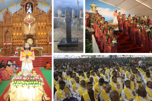 St. Devasahayam statue centered in the Holy Family Church at Ramanputhoor (on the spot where he had been imprisoned and had the vision of the Holy Family while in detention. Martrydom spot where Devasahayam waa shot. Traditional dancers awaiting bishops to the altar. The massive crowd at the grand celebration. St. Devasahayam statue centered in the Holy Family Church at Ramanputhoor (on the spot where he had been imprisoned and had the vision of the Holy Family while in detention. Martrydom spot where Devasahayam waa shot. Traditional dancers awaiting bishops to the altar. The massive crowd at the grand celebration.