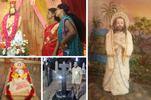 (Clockwise from left) Devotees take a photo at the martyrdom shrine of St Devaashayam. Portrait of Devashayam under glass at his baptism church at Vattankuliam. Devotees have written their names on the glass for prayers. Anto Akkara poses for a photo at St. Devasahayam's martrydom spot. Relaid tomb of St. Devashayam on his canonization at St. Francis Xavier Cathedral in Kotar (Clockwise from left) Devotees take a photo at the martyrdom shrine of St Devaashayam. Portrait of Devashayam under glass at his baptism church at Vattankuliam. Devotees have written their names on the glass for prayers. Anto Akkara poses for a photo at St. Devasahayam's martrydom spot. Relaid tomb of St. Devashayam on his canonization at St. Francis Xavier Cathedral in Kotar