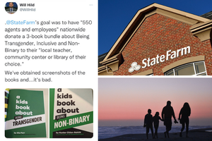 (Clockwise from Left) A social media post from Will Hild exposing State Farm's book on transgenderism. State Farm headquarters in Markham, Ontario. A family walks together at sunset on the beach. (Clockwise from Left) A social media post from Will Hild exposing State Farm's book on transgenderism. State Farm headquarters in Markham, Ontario. A family walks together at sunset on the beach.