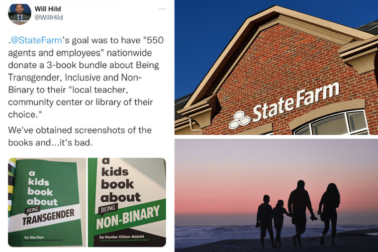 (Clockwise from Left) A social media post from Will Hild exposing State Farm's book on transgenderism. State Farm headquarters in Markham, Ontario. A family walks together at sunset on the beach. (Clockwise from Left) A social media post from Will Hild exposing State Farm's book on transgenderism. State Farm headquarters in Markham, Ontario. A family walks together at sunset on the beach.