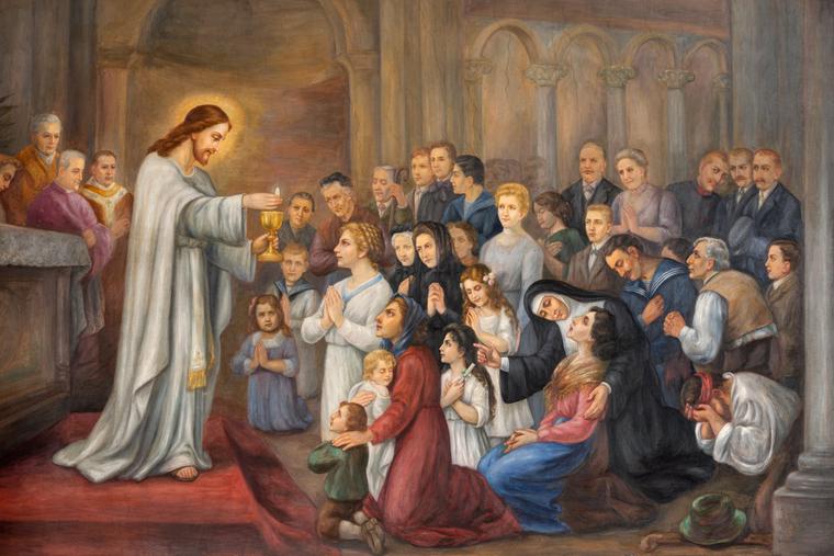 A 19th-century fresco, in Pfarrkirche Kaisermühlen, Vienna, shows Jesus giving Communion. A 19th-century fresco, in Pfarrkirche Kaisermühlen, Vienna, shows Jesus giving Communion.