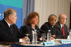 From left, William Gavin, head of the audit firm Gavin Group of Boston; Kathleen McChesney, head of the bishops' watchdog Office of Child and Youth Protection; then-Bishop Wilton Gregory and William Burleigh, a member of the National Review Board, present an audit of 195 U.S. dioceses performed to assess compliance with the 2002 'Charter for the Protection of Children and Young People,' during a news conference Jan. 6, 2004, in Washington. From left, William Gavin, head of the audit firm Gavin Group of Boston; Kathleen McChesney, head of the bishops' watchdog Office of Child and Youth Protection; then-Bishop Wilton Gregory and William Burleigh, a member of the National Review Board, present an audit of 195 U.S. dioceses performed to assess compliance with the 2002 'Charter for the Protection of Children and Young People,' during a news conference Jan. 6, 2004, in Washington.