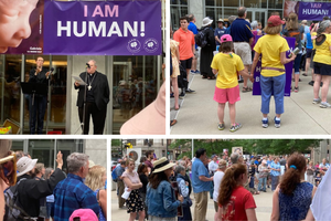 Archbishop Bernard Hebda addresses the crowd in St. Paul after the overturn of Roe. v. Wade June 24, 2022. courtesy Susan Klemond Archbishop Bernard Hebda addresses the crowd in St. Paul after the overturn of Roe. v. Wade June 24, 2022. courtesy Susan Klemond
