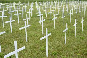 Many anonymous white crosses mark the graves of unborn children. Many anonymous white crosses mark the graves of unborn children.