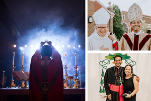 Clockwise from left: Bishop Fernandes celebrates Mass on Pentecost Sunday in Damascus. The bishop-elect is shown at his ordination. Bishop Fernandes poses with diocesan photographer Abby Pitones. Clockwise from left: Bishop Fernandes celebrates Mass on Pentecost Sunday in Damascus. The bishop-elect is shown at his ordination. Bishop Fernandes poses with diocesan photographer Abby Pitones.