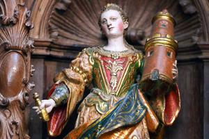 Sculpture of Saint Barbara and the Tower in the Cathedral of Burgos, Castille, Spain Sculpture of Saint Barbara and the Tower in the Cathedral of Burgos, Castille, Spain
