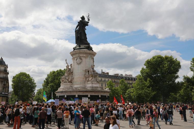 French and American women protest the US Supreme Court's decision to overturn Roe v. Wade and Casey v. Planned Parenthood in the Place de La Republique June 26 in Paris. French and American women protest the US Supreme Court's decision to overturn Roe v. Wade and Casey v. Planned Parenthood in the Place de La Republique June 26 in Paris.