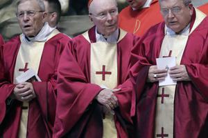 Cardinal Walter Kasper (l) and Cardinal Raymond Burke (r), shown flanking Cardinal James Stafford in 2019 at the funeral Mass for Cardinal William Levada, were among five members of the Curia who hailed the US Supreme Court's decision to overturn Roe v. Wade and Planned Parenthood v. Casey. Cardinal Walter Kasper (l) and Cardinal Raymond Burke (r), shown flanking Cardinal James Stafford in 2019 at the funeral Mass for Cardinal William Levada, were among five members of the Curia who hailed the US Supreme Court's decision to overturn Roe v. Wade and Planned Parenthood v. Casey.