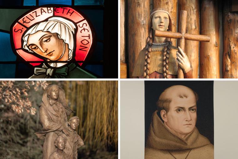 Clockwise from left: A stained-glass window depicting St. Elizabeth Ann Seton is seen in Lawrenceville, New Jersey; a statue portrays St. Kateri Tekakwitha; a banner of St. Junípero Serra hangs inside the church at Mission San Buenaventura in Ventura, California; and the Mother Cabrini Memorial, honoring St. Frances Cabrini, is seen in Battery Park City in New York City. Clockwise from left: A stained-glass window depicting St. Elizabeth Ann Seton is seen in Lawrenceville, New Jersey; a statue portrays St. Kateri Tekakwitha; a banner of St. Junípero Serra hangs inside the church at Mission San Buenaventura in Ventura, California; and the Mother Cabrini Memorial, honoring St. Frances Cabrini, is seen in Battery Park City in New York City.