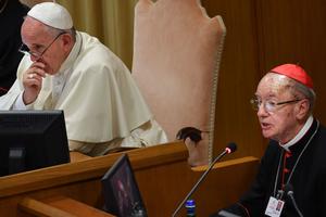 Pope Francis (l) listens as Brazilian Cardinal Claudio Hummes addresses the Special Assembly of the Synod of Bishops for the Pan-Amazon Region on Oct. 7, 2019 at the Vatican. Pope Francis (l) listens as Brazilian Cardinal Claudio Hummes addresses the Special Assembly of the Synod of Bishops for the Pan-Amazon Region on Oct. 7, 2019 at the Vatican.