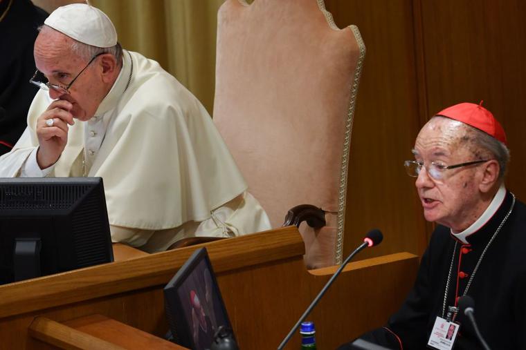 Pope Francis (l) listens as Brazilian Cardinal Claudio Hummes addresses the Special Assembly of the Synod of Bishops for the Pan-Amazon Region on Oct. 7, 2019 at the Vatican. Pope Francis (l) listens as Brazilian Cardinal Claudio Hummes addresses the Special Assembly of the Synod of Bishops for the Pan-Amazon Region on Oct. 7, 2019 at the Vatican.