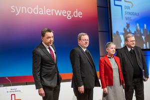 From left, the leadership of the German Synodal way: Thomas Söding; Bishop Georg Bätzing, the president of the German Catholic bishops' conference, Irme Stetter-Karp, the new president of the Central Committee of German Catholics (ZdK) and Bishop Franz-Josef Bode stand for a photo before the opening meeting of the Synodal Way Feb. 3 in Frankfurt. From left, the leadership of the German Synodal way: Thomas Söding; Bishop Georg Bätzing, the president of the German Catholic bishops' conference, Irme Stetter-Karp, the new president of the Central Committee of German Catholics (ZdK) and Bishop Franz-Josef Bode stand for a photo before the opening meeting of the Synodal Way Feb. 3 in Frankfurt.