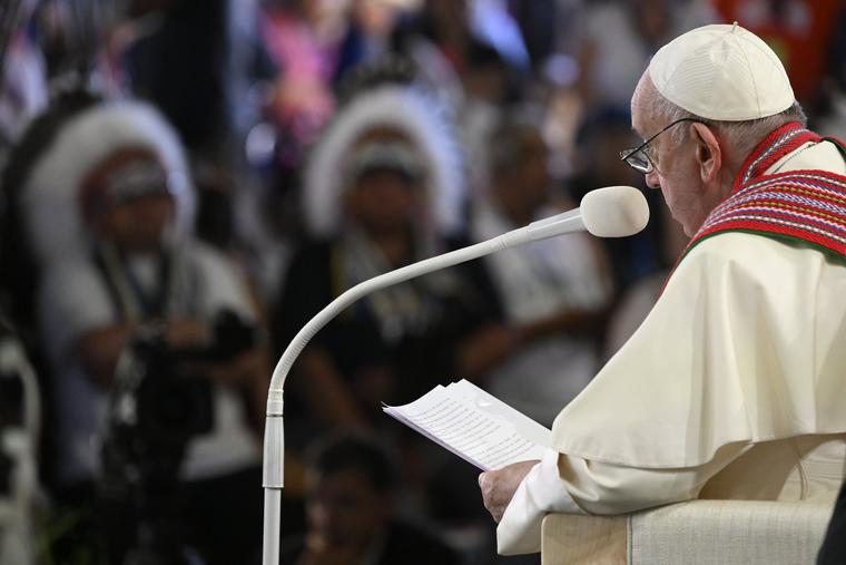 Pope Francis addresses participants of the Lac Ste. Anne Pilgrimage July 26 northwest of Edmonton, Alberta, Canada. Pope Francis addresses participants of the Lac Ste. Anne Pilgrimage July 26 northwest of Edmonton, Alberta, Canada.