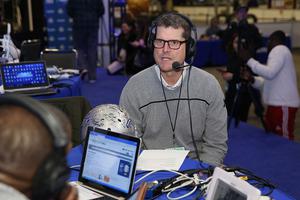 Former NFL player and head coach Jim Harbaugh visits the SiriusXM set at Super Bowl 50 Radio Row at the Moscone Center on February 5, 2016 in San Francisco, California. Former NFL player and head coach Jim Harbaugh visits the SiriusXM set at Super Bowl 50 Radio Row at the Moscone Center on February 5, 2016 in San Francisco, California.