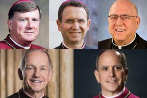 Top (l to r): Bishop Robert McManus, Bishop Andrew Cozzens and Archbishop Joseph Naumann. Bottom: Bishop Thomas Paprocki and Archbishop Samuel Aquila. Top (l to r): Bishop Robert McManus, Bishop Andrew Cozzens and Archbishop Joseph Naumann. Bottom: Bishop Thomas Paprocki and Archbishop Samuel Aquila.