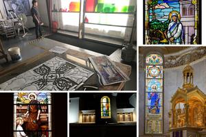 Clockwise from left: The work of Beyer Studios and Conrad Schmitt Studios includes vibrant windows highlighting Our Lady of Knock for St. Mary of Sorrows Church in Fairfax, Virginia; Mother Teresa at the chapel at Christendom College; the Blessed Mother at St. Stanislaus in Milwaukee; the baptism of Jesus (seen from the outside) at St. Nicholas Church in Virginia Beach, Virginia; and St. Joseph and Jesus in the workshop at Our Lady of Good Help Shrine in Champion, Wisconsin. Clockwise from left: The work of Beyer Studios and Conrad Schmitt Studios includes vibrant windows highlighting Our Lady of Knock for St. Mary of Sorrows Church in Fairfax, Virginia; Mother Teresa at the chapel at Christendom College; the Blessed Mother at St. Stanislaus in Milwaukee; the baptism of Jesus (seen from the outside) at St. Nicholas Church in Virginia Beach, Virginia; and St. Joseph and Jesus in the workshop at Our Lady of Good Help Shrine in Champion, Wisconsin.