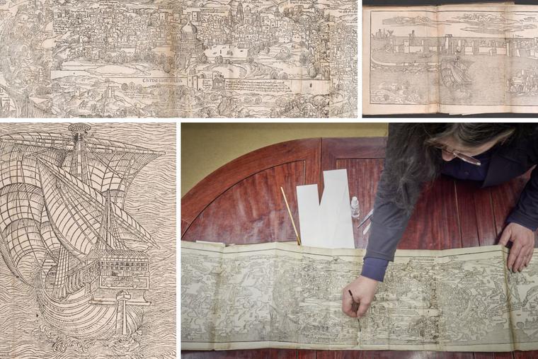 Clockwise from top left: Drawings of Jerusalem, a maritime journey, the Holy Land and a Modon boat are seen in the ancient manuscript. Courtesy photos Clockwise from top left: Drawings of Jerusalem, a maritime journey, the Holy Land and a Modon boat are seen in the ancient manuscript. Courtesy photos