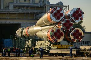 <p>The Soyuz rocket is rolled out by train to the launch pad at Site 31, Tuesday, Sept. 12, 2023, at the Baikonur Cosmodrome in Kazakhstan. Expedition 70 NASA astronaut Loral O'Hara, Roscosmos cosmonauts Oleg Kononenko, and Nikolai Chub are scheduled to launch aboard their Soyuz MS-24 spacecraft on Sept. 15. Photo Credit: (NASA/Bill Ingalls)</p>