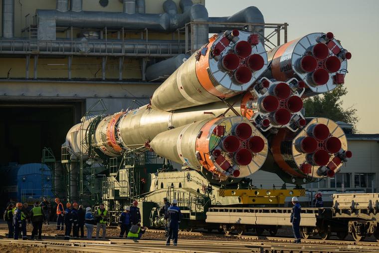 <p>The Soyuz rocket is rolled out by train to the launch pad at Site 31, Tuesday, Sept. 12, 2023, at the Baikonur Cosmodrome in Kazakhstan. Expedition 70 NASA astronaut Loral O'Hara, Roscosmos cosmonauts Oleg Kononenko, and Nikolai Chub are scheduled to launch aboard their Soyuz MS-24 spacecraft on Sept. 15. Photo Credit: (NASA/Bill Ingalls)</p>