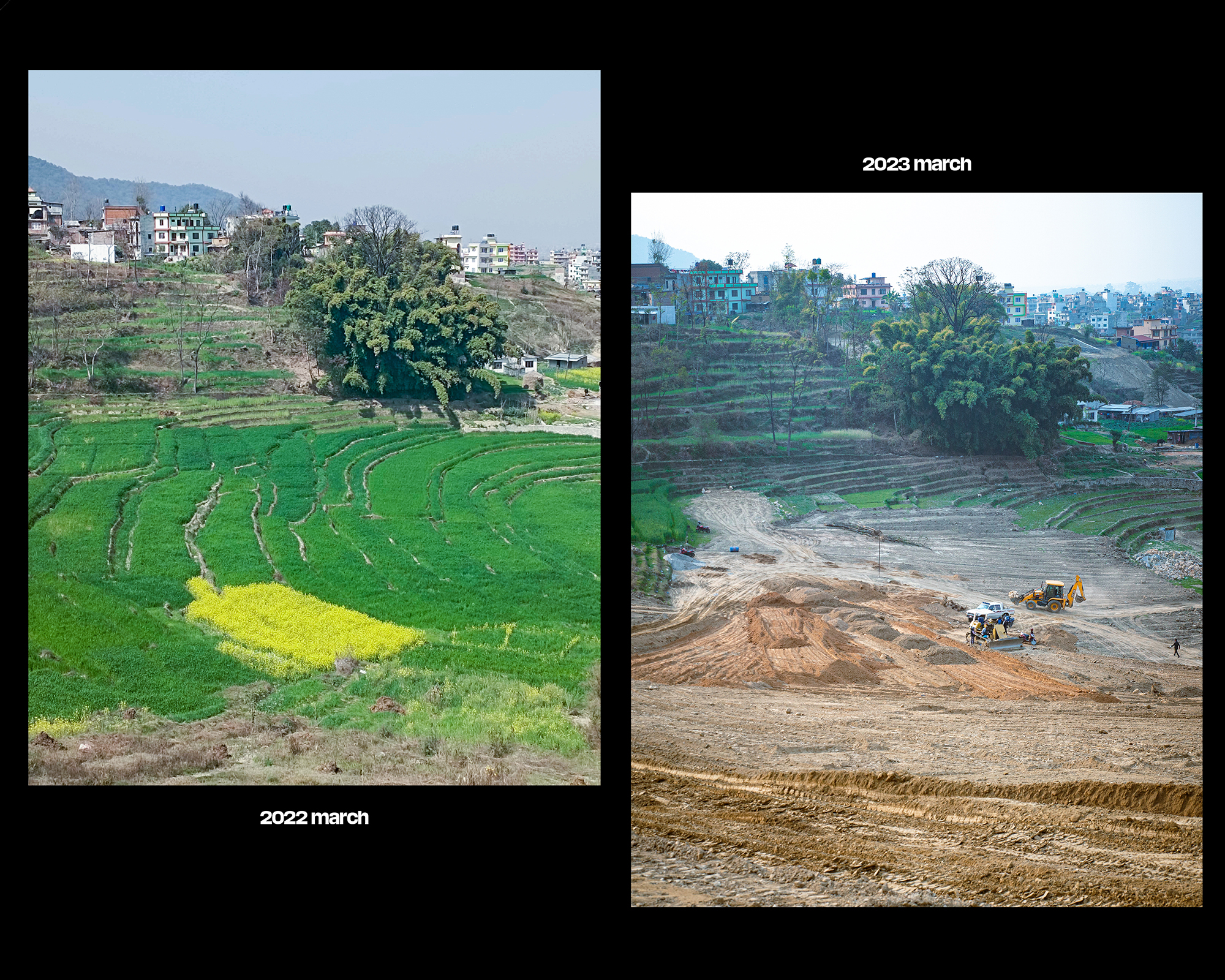 Pouring concrete on rice fields