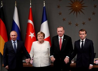 Vladimir Putin, Angela Merkel, Redžep Tajip Erdogan, Emanuel Makron