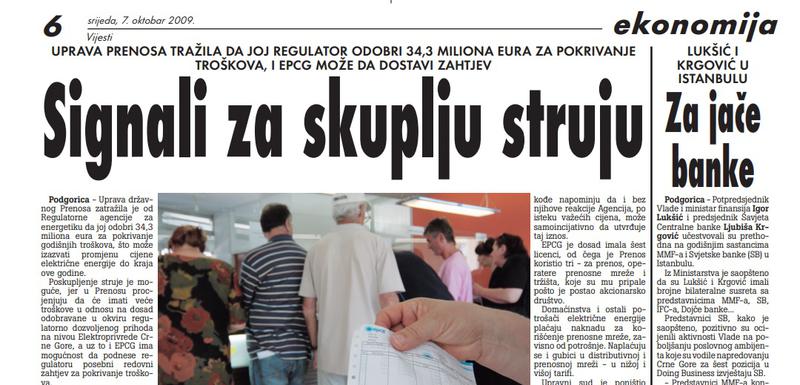 Stranica "Vijesti" od 7. oktobra 2009.