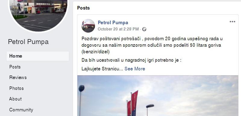 Lažni Facebook profil Petrol Pumpe