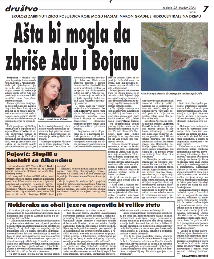 Vijesti, 25. oktobar 2009.