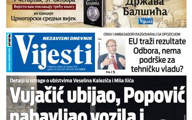 Naslovna strana "Vijesti" za 30. oktobar 2019.