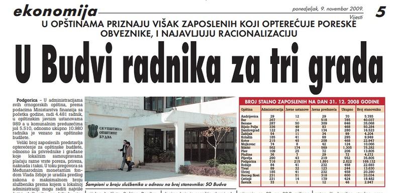Stranica "Vijesti" od 9. novembra 2009.
