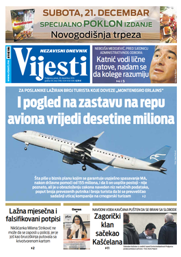 Naslovna strana "Vijesti" za 20. decembar 2019.
