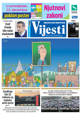 Naslovna strana "Vijesti" za 22. decembar 2019.