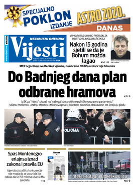 Naslovna strana "Vijesti" za. 28. decembar 2019.