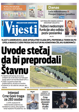 Naslovna strana "Vijesti" za deveti januar