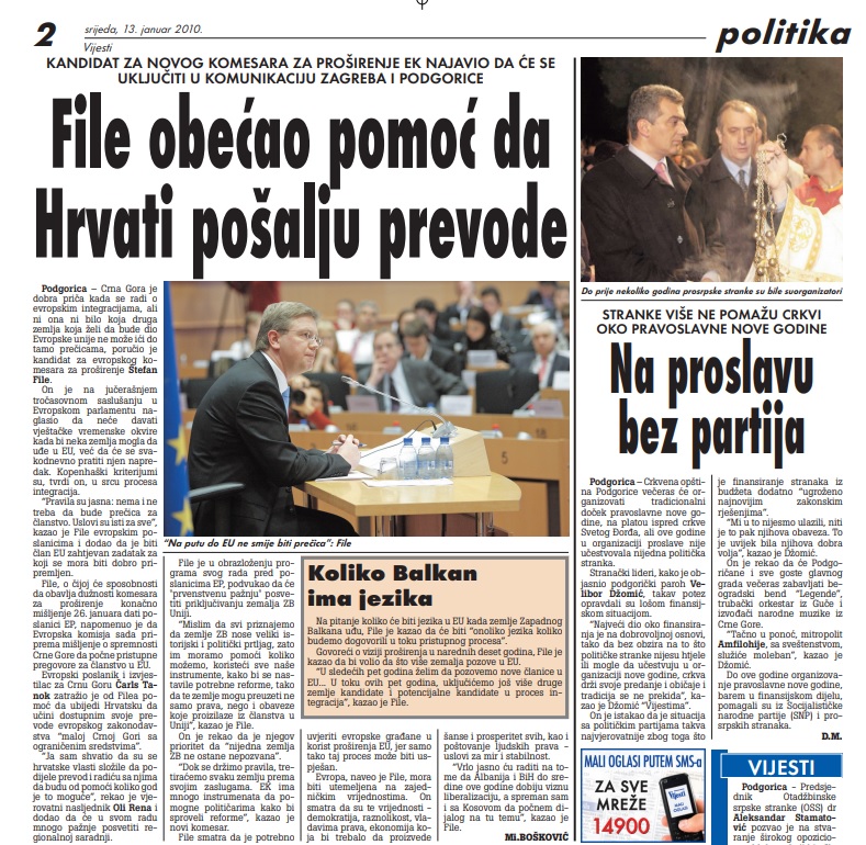 Strana "Vijesti" od 13. januara 2010.