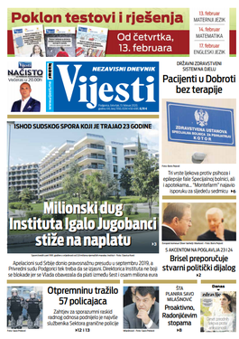 Naslovna strana "Vijesti" za 13. februar 2020. godine